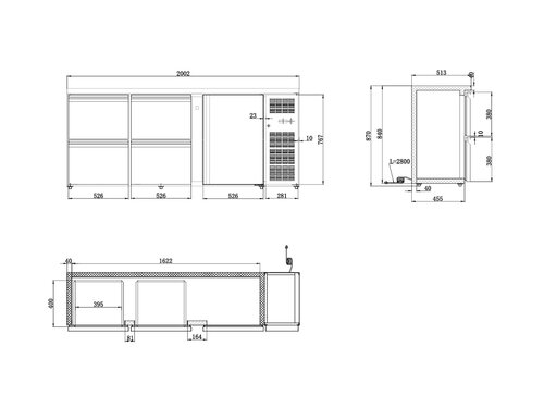Combisteel Barkhltisch Standard Line, 1 Tr, 4 Schubladen, 537 Liter, Schwarz, BTH 2002 x 513 x 860 mm