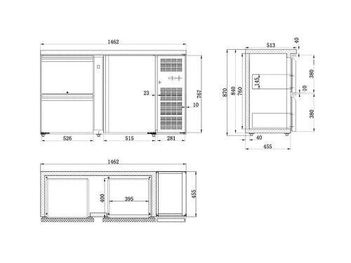 Combisteel Barkhltisch Standard Line, 1 Tr, 2 Schubladen, 350 Liter, Schwarz, BTH 1462 x 513 x 860 mm