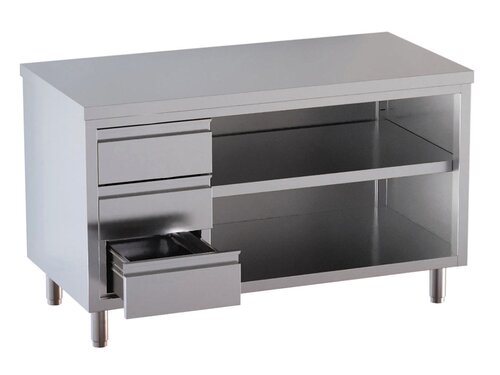 Edelstahl Arbeitsschrank PROFI, offen, 3 Schubladen links, BTH 1000 x 600 x 850 mm