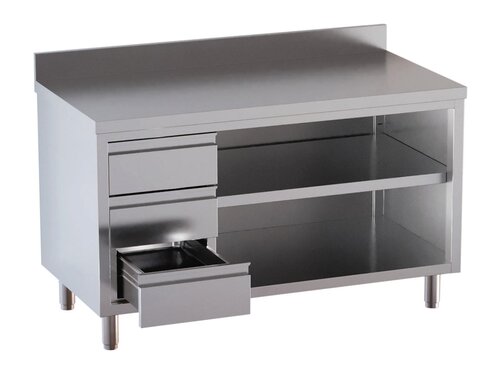 Edelstahl Arbeitsschrank PROFI, offen, 3 Schubladen links, Aufkantung, BTH 1500 x 700 x 850 mm