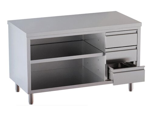 Edelstahl Arbeitsschrank PROFI, 3 Schubladen rechts, offen, BTH 1600 x 700 x 850 mm