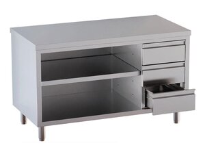 Edelstahl Arbeitsschrank PROFI, 3 Schubladen rechts, offen, BTH 1600 x 700 x 850 mm