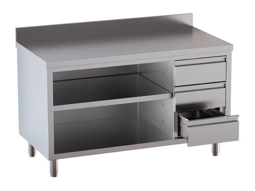 Edelstahl Arbeitsschrank PROFI, 3 Schubladen rechts, Aufkantung, BTH 2000 x 700 x 850 mm