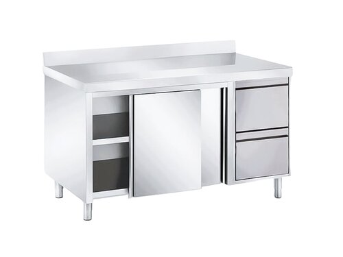 Edelstahl Arbeitsschrank PROFI, Fl�gelt�r, 2 Schubladen rechts, Aufkantung, BTH 1000 x 600 x 850 mm