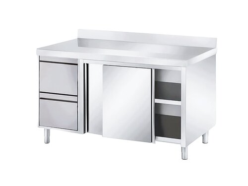 Edelstahl Arbeitsschrank PROFI, Schiebet�ren, 2 Schubladen links, Aufkantung, BTH 2000 x 700 x 850 mm