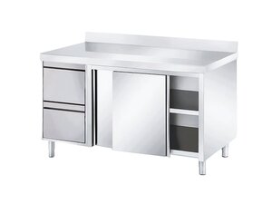 Edelstahl Arbeitsschrank PROFI, Schiebet�ren, 2 Schubladen links, Aufkantung, BTH 2000 x 700 x 850 mm