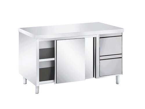 Edelstahl Arbeitsschrank PROFI, Schiebet�ren, 2 Schubladen rechts, BTH 2000 x 700 x 850 mm