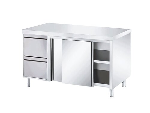 Edelstahl Arbeitsschrank PROFI, Schiebet�ren, 2 Schubladen links, BTH 2000 x 700 x 850 mm