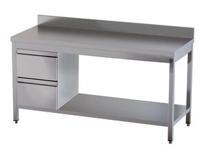 Edelstahl Arbeitstisch PROFI, Grundboden, Aufkantung, 2 Schubladen links, BTH 2000 x 600 x 850 mm