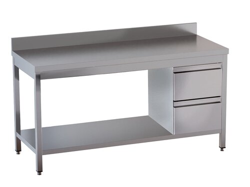 Edelstahl Arbeitstisch PROFI, Grundboden, 2 Schubladen rechts, BTH 1000 x 600 x 850 mm