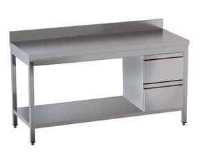 Edelstahl Arbeitstisch PROFI, Grundboden, Aufkantung, 2 Schubladen rechts, BTH 2000 x 700 x 850 mm