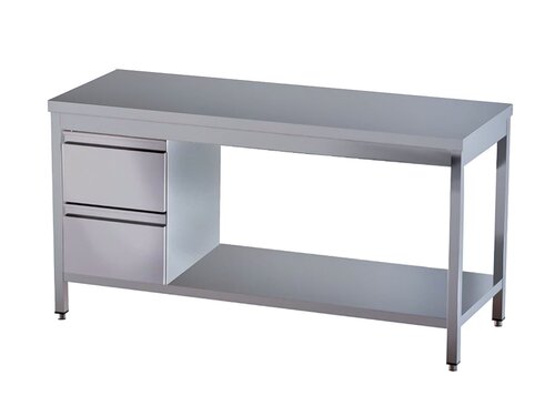 Edelstahl Arbeitstisch PROFI, Grundboden, 2 Schubladen links, BTH 2000 x 700 x 850 mm