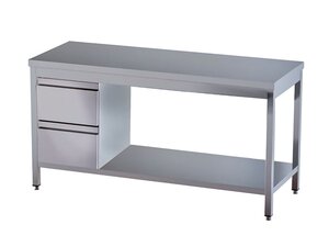 Edelstahl Arbeitstisch PROFI, Grundboden, 2 Schubladen links, BTH 2000 x 700 x 850 mm