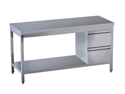 Edelstahl Arbeitstisch PROFI, Grundboden, 2 Schubladen rechts, BTH 2000 x 700 x 850 mm