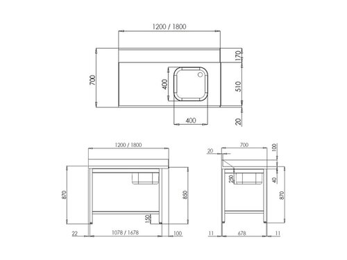 vaiotec TOPLINE 700 Zulauftisch, Becken rechts, Anbauseite links, Grundboden, Aufkantung, BTH 1400 x 700 x 850 mm