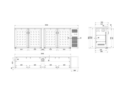 Combisteel Bark�hltisch Standard Line, 4 Glast�ren, 698 Liter, Schwarz, BTH 2542 x 535 x 860 mm