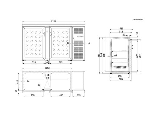 Combisteel Barkhltisch Standard Line, 2 Glastren, 350 Liter, Schwarz, BTH 1462 x 535 x 860 mm