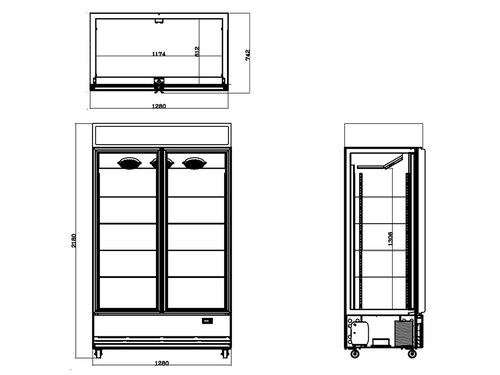 vaiotec TOPLINE 1200 Getr�nkek�hlschrank, Wei�, 2 Fl�gelt�ren, 1040 Liter, Umluftk�hlung, Leuchtaufsatz, BTH 1280 x 742 x 2180 mm