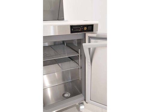 vaiotec TOPLINE 850 Zubereitungstisch 400, Glasklappdeckel, 2 T�ren, f�r GN 1/6, auf Rollen, BTH 1228 x 830 x 1551 mm