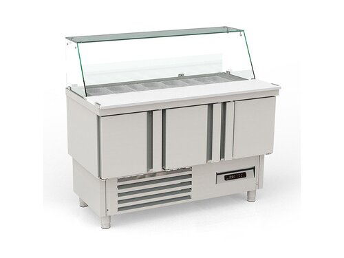 vaiotec TOPLINE 700 Saladette 250, 3 T�ren, Glasaufsatz schr�g, f�r GN 1/6 & 1/9, BTH 1375 x 700 x 919 mm