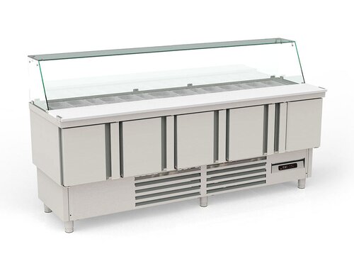 vaiotec TOPLINE 700 Saladette 450, 5 T�ren, Glasaufsatz schr�g, f�r GN 1/6 & 1/9, BTH 2275 x 700 x 1237 mm