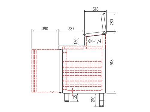 vaiotec TOPLINE 700 Belegstation 600, 5 T�ren, Edelstahlaufsatz, f�r GN 1/4, BTH 2695 x 700 x 1053 mm