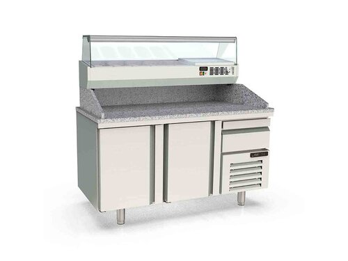 vaiotec TOPLINE 800 Pizzatisch 300, 2 T�ren, Schublade, f�r EN 60x40, graue Granitplatte, inkl. K�hlaufsatz f�r GN 1/4, BTH 1370 x 800 x 1473 mm