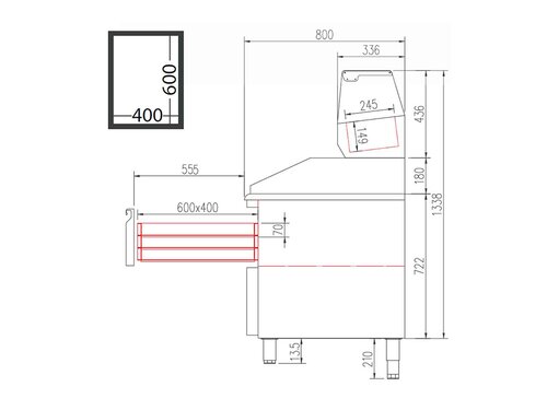 vaiotec TOPLINE 800 Pizzatisch 300, 2 T�ren, Schublade, f�r EN 60x40, graue Granitplatte, inkl. K�hlaufsatz f�r GN 1/4, BTH 1370 x 800 x 1473 mm