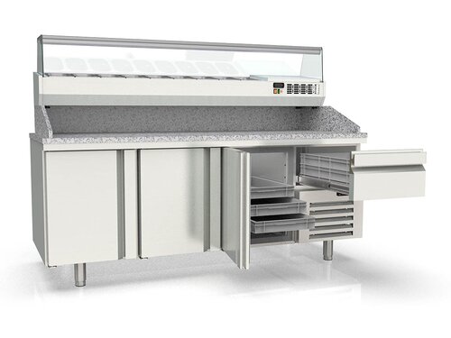 vaiotec TOPLINE 800 Pizzatisch 400, 3 T�ren, Schublade, f�r EN 60x40, graue Granitplatte, inkl. K�hlaufsatz f�r GN 1/4, BTH 2090 x 800 x 1473 mm