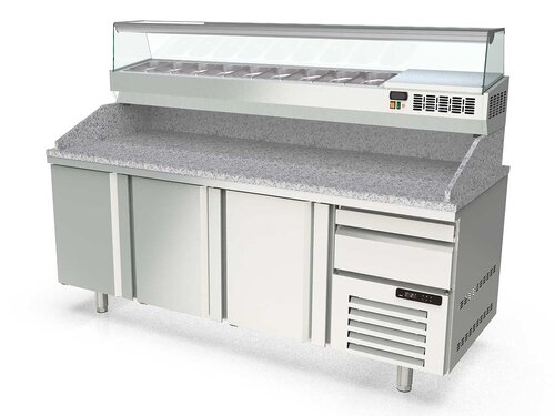 vaiotec TOPLINE 800 Pizzatisch 400, 3 T�ren, Schublade, f�r EN 60x40, graue Granitplatte, inkl. K�hlaufsatz f�r GN 1/4, BTH 2090 x 800 x 1473 mm