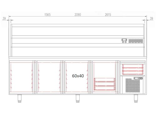 vaiotec TOPLINE 800 Pizzatisch 400, 3 T�ren, Schublade, f�r EN 60x40, graue Granitplatte, inkl. K�hlaufsatz f�r GN 1/4, BTH 2090 x 800 x 1473 mm