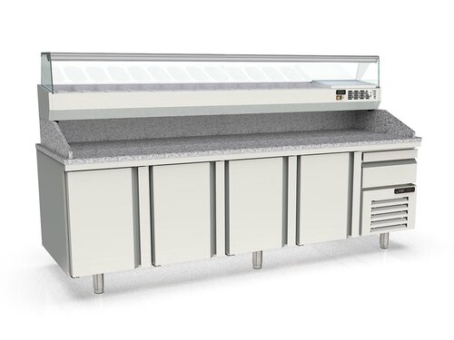 vaiotec TOPLINE 800 Pizzatisch 500, 4 T�ren, Schublade, f�r EN 60x40, graue Granitplatte, inkl. K�hlaufsatz f�r GN 1/4, BTH 2615 x 800 x 1473 mm