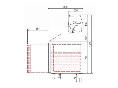 vaiotec TOPLINE 800 Pizzatisch 500, 4 T�ren, f�r EN 60x40, graue Granitplatte, inkl. K�hlaufsatz f�r GN 1/4, BTH 2545 x 800 x 1473 mm