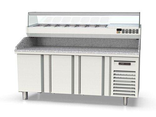 vaiotec TOPLINE 600 Pizzatisch 400, 3 T�ren, graue Granitplatte, inkl. K�hlaufsatz f�r GN 1/4, BTH 2020 x 600 x 1473 mm
