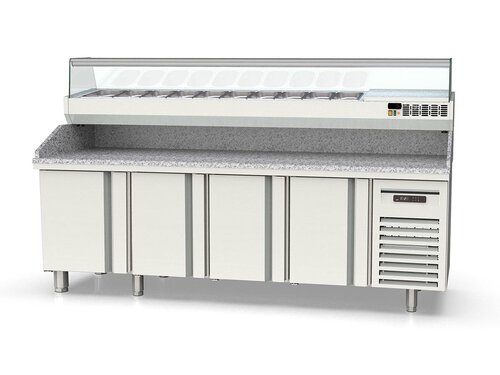 vaiotec TOPLINE 600 Pizzatisch 500, 4 T�ren, graue Granitplatte, inkl. K�hlaufsatz f�r GN 1/4, BTH 2545 x 600 x 1473 mm