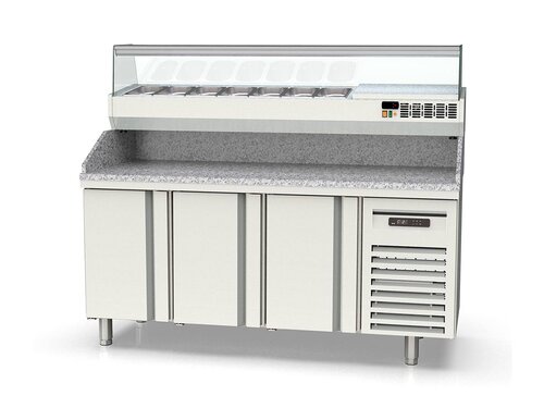 vaiotec TOPLINE 700 Pizzatisch 400, 3 T�ren, graue Granitplatte, inkl. K�hlaufsatz f�r GN 1/4, BTH 1795 x 700 x 1473 mm