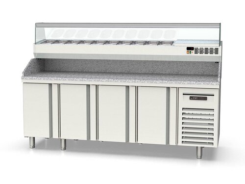 vaiotec TOPLINE 700 Pizzatisch 500, 4 T�ren, graue Granitplatte, inkl. K�hlaufsatz f�r GN 1/4, BTH 2245 x 700 x 1473 mm