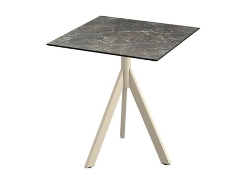 FEROS Infinity Tripod Terrassentisch Gestell Sand + Galaxy Marble HPL Tischplatte eckig 700 x 700 mm