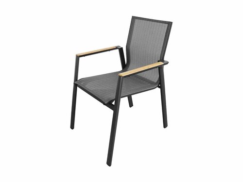BEST Rhodos Dining Stuhl, Aluminiumgestell mit Textilene, Teakholz-Armlehnen, anthrazit, BTH 575 x 670 x 880 mm