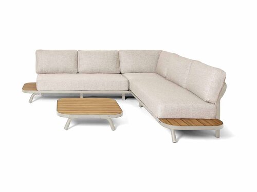 BEST Paros Lounge-Set, Ecksofa mit Beistelltisch, Aluminium und Akazienholz, sandfarben
