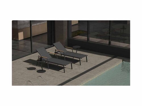 BEST Paros Sonnenliege, Aluminium mit Textilgewebe, Teakholz-Armlehnen, anthrazit, BTH 760 x 1960 x 360 mm