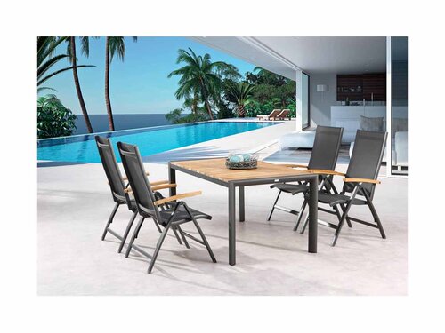 BEST Cavalese Klappstuhl aus Aluminium mit Textilene, Teakholz-Armlehnen, anthrazit, BTH 620 x 670 x 1100 mm