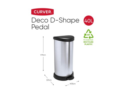Curver DECOBIN Abfalleimer 40L mit Fu�pedal silber metallic, Metalleffekt-Lackierung, Komfortables Pedal , Beutelhalterung, BTH 298 x 349 x 697 mm