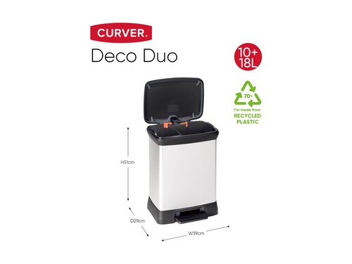 Curver DECOBIN DUO Abfalleimer 30L (10L+18L) mit Fupedal silber metallic, Metalleffekt-Lackierung, Komfortables Pedal, 2 Inneneimer, BTH 390 x 290 x 505 mm
