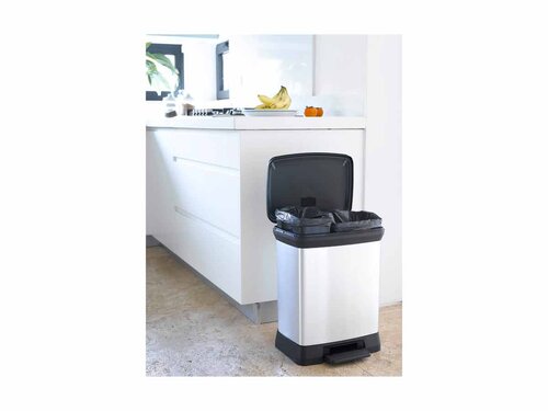 Curver DECOBIN DUO Abfalleimer 30L (10L+18L) mit Fupedal silber metallic, Metalleffekt-Lackierung, Komfortables Pedal, 2 Inneneimer, BTH 390 x 290 x 505 mm