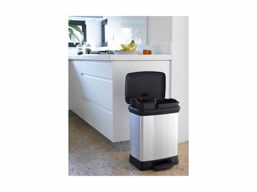 Curver DECOBIN DUO Abfalleimer 30L (10L+18L) mit Fupedal silber metallic, Metalleffekt-Lackierung, Komfortables Pedal, 2 Inneneimer, BTH 390 x 290 x 505 mm