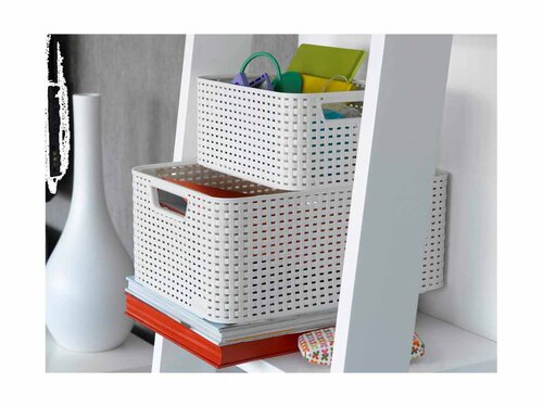 Curver 3-er Set STYLE Box L+M+S mit Deckel creme, Multifunktional, Geschlossene Rattanstruktur, Komfortable Griffe, BTH 445 x 330 x 248 mm