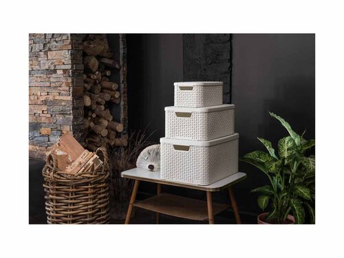 Curver 3-er Set STYLE Box L+M+S mit Deckel creme, Multifunktional, Geschlossene Rattanstruktur, Komfortable Griffe, BTH 445 x 330 x 248 mm