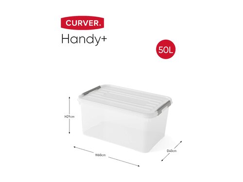 Curver 3-er Set HANDY+ Box 50L transparent, Modulare Form, 50 Liter, 2 Verriegelungen, BTH 600 x 400 x 290 mm