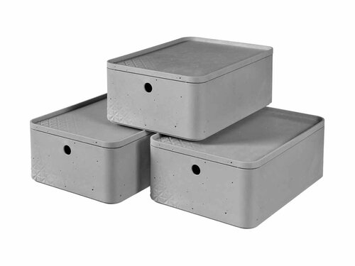 Curver 3-er Set BETON Box M mit Deckel hellgrau ,...